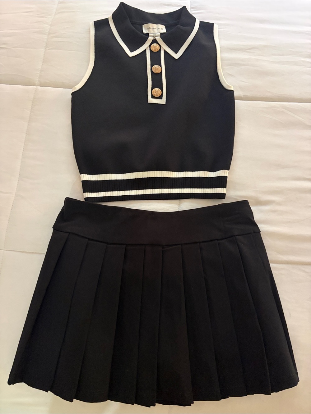 Sincerely Jules Black Sleeveless Polo Crop Top & Pleated Skirt Set